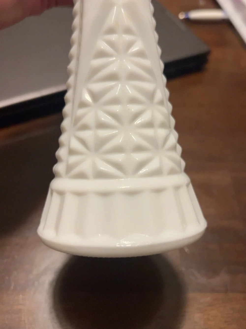 Vintage White Milk Glass Bud Vase Starburst Geometric Scalloped Rim